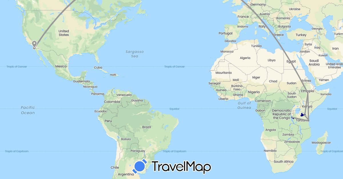TravelMap itinerary: driving, plane, hiking in Ethiopia, Tanzania, United States (Africa, North America)