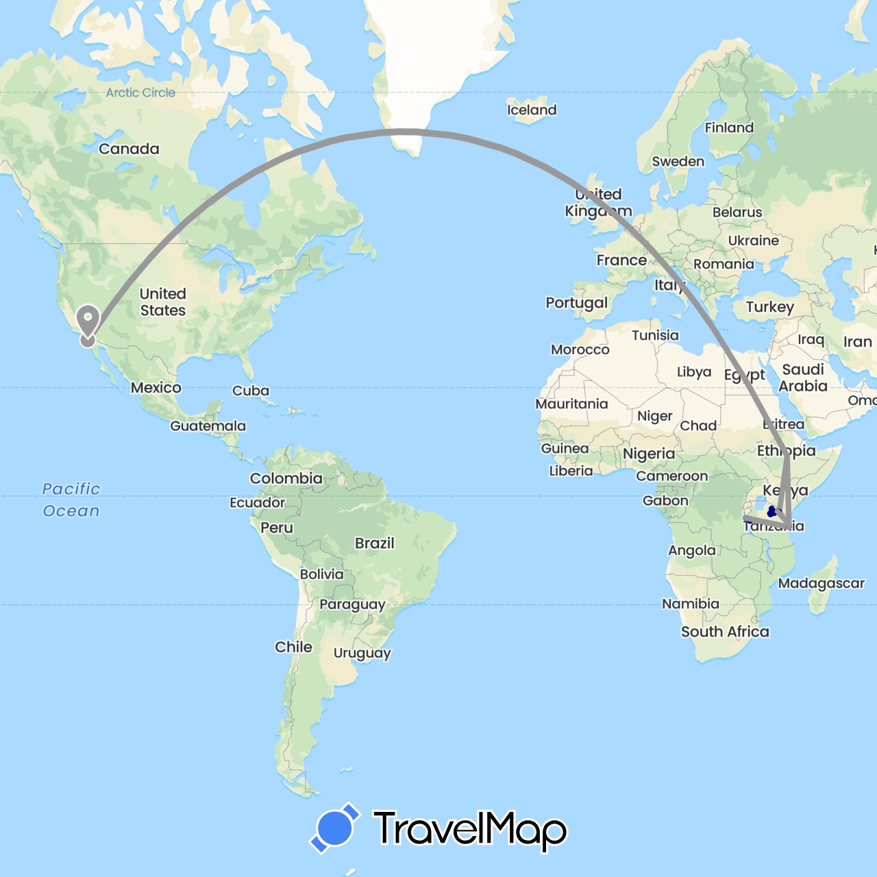 TravelMap itinerary: driving, plane, hiking in Ethiopia, Tanzania, United States (Africa, North America)